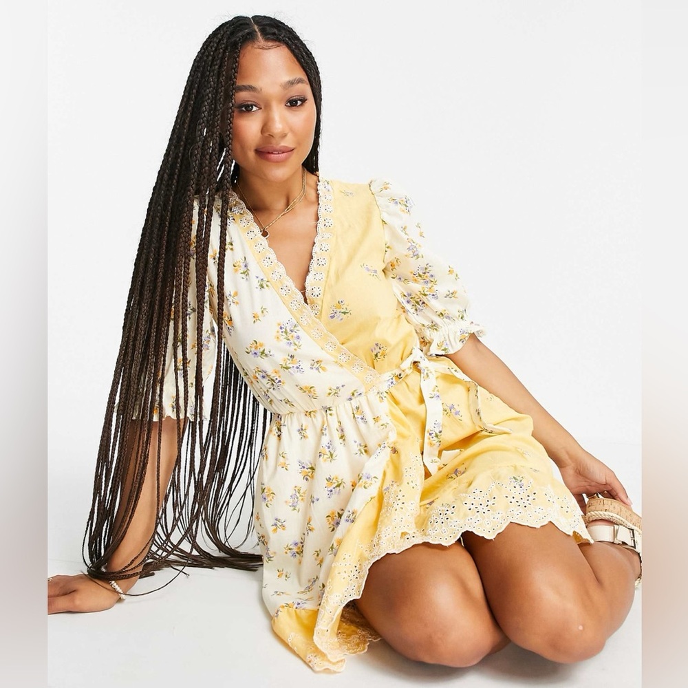 Asos Yellow Floral Wrap Dress with embroidered trim